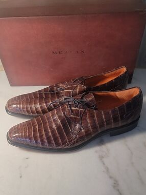 Mezlan Brown Crocodile-Embossed Leather Lace-Up Oxfords